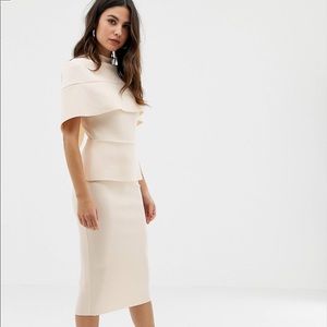 ASOS high neck cape pencil midi body on dress. New with tags. Size 14. Cream.